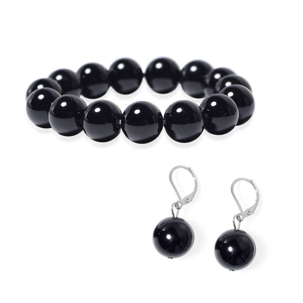 Enhanced Black Agate Lever Back Earrings and Beaded Stretch Bracelet